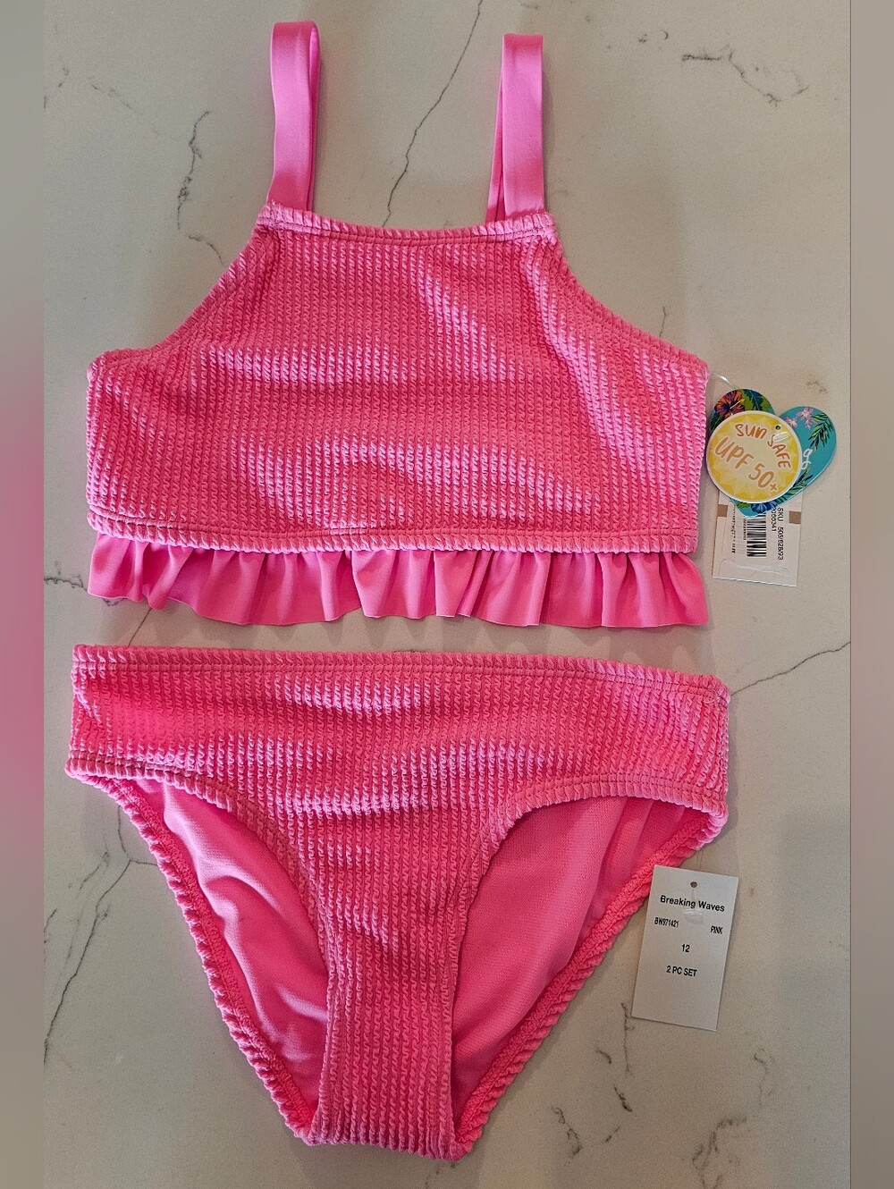 Breaking Waves Hot Pink Crinkle Textured 2-Piece Bikini Set UPF 50+ Girls Sz 12